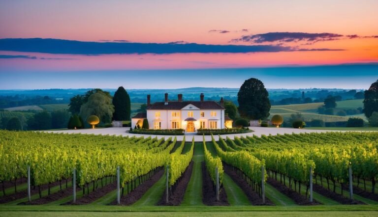 Vineyard with a large white house at sunset, rows of grape vines