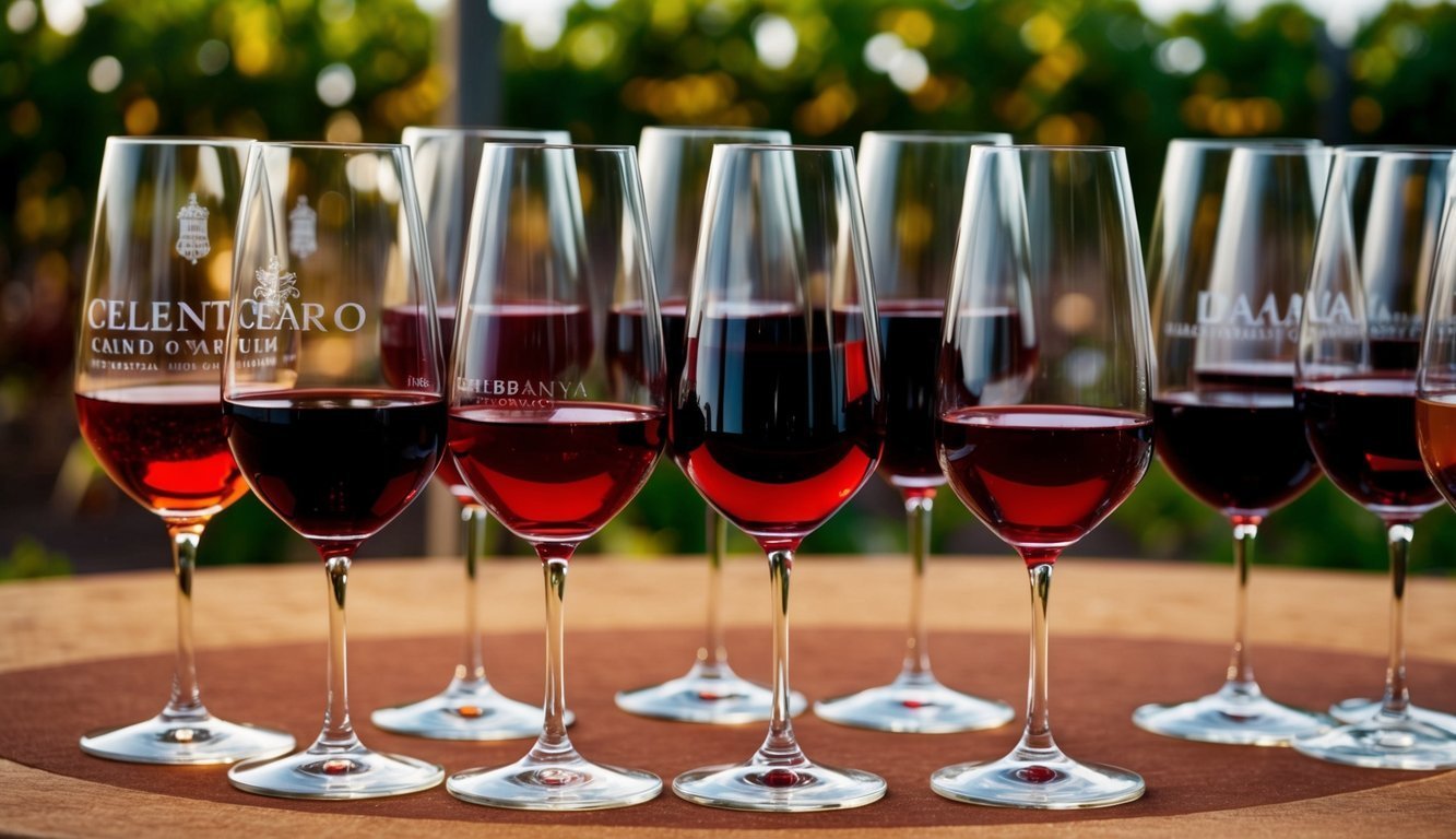 Close-up of wine glasses filled with red wine, vineyard background