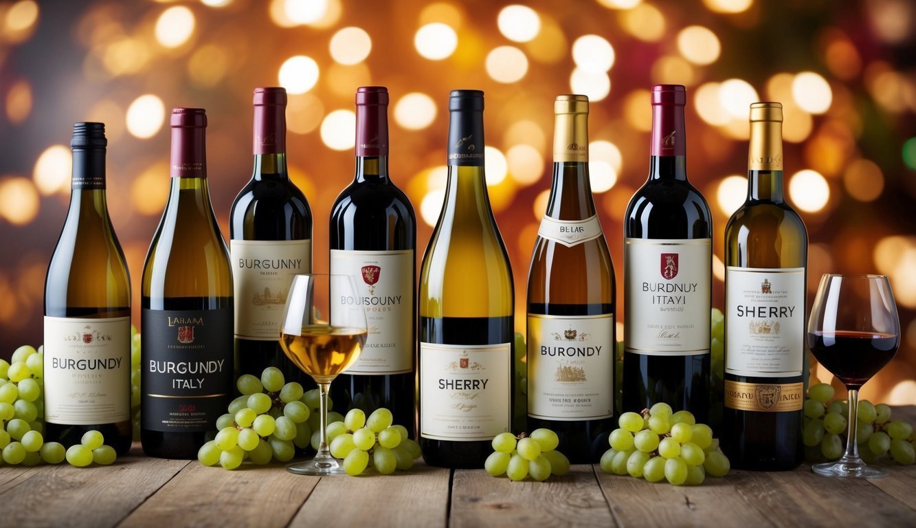 Bottles of wine with grapes and glasses on a wooden table