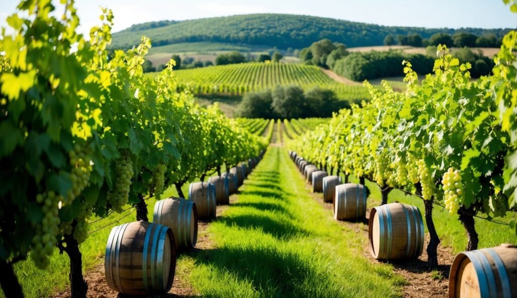 Vineyard with rows of grape vines, barrels, and a green hillside in the background