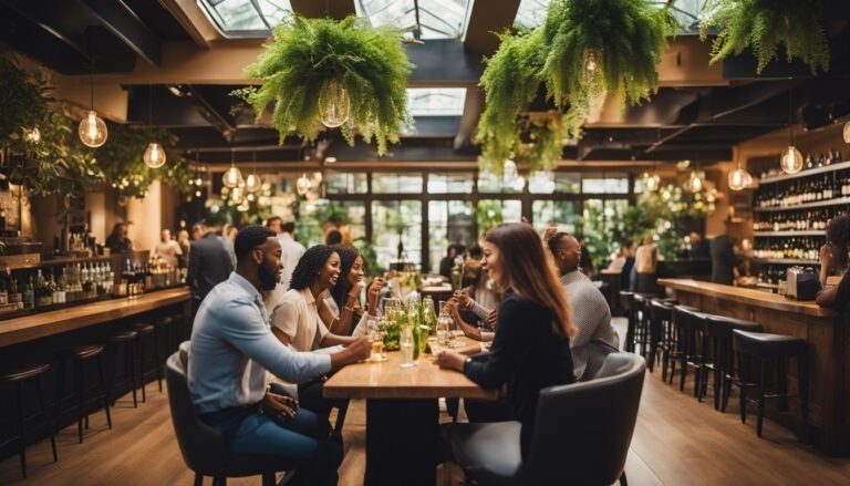 People dining and drinking at a stylish restaurant with hanging plants