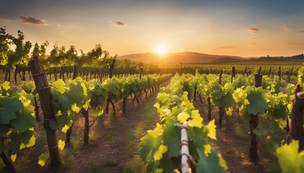 Vineyard at sunset with rows of grape vines and wooden posts