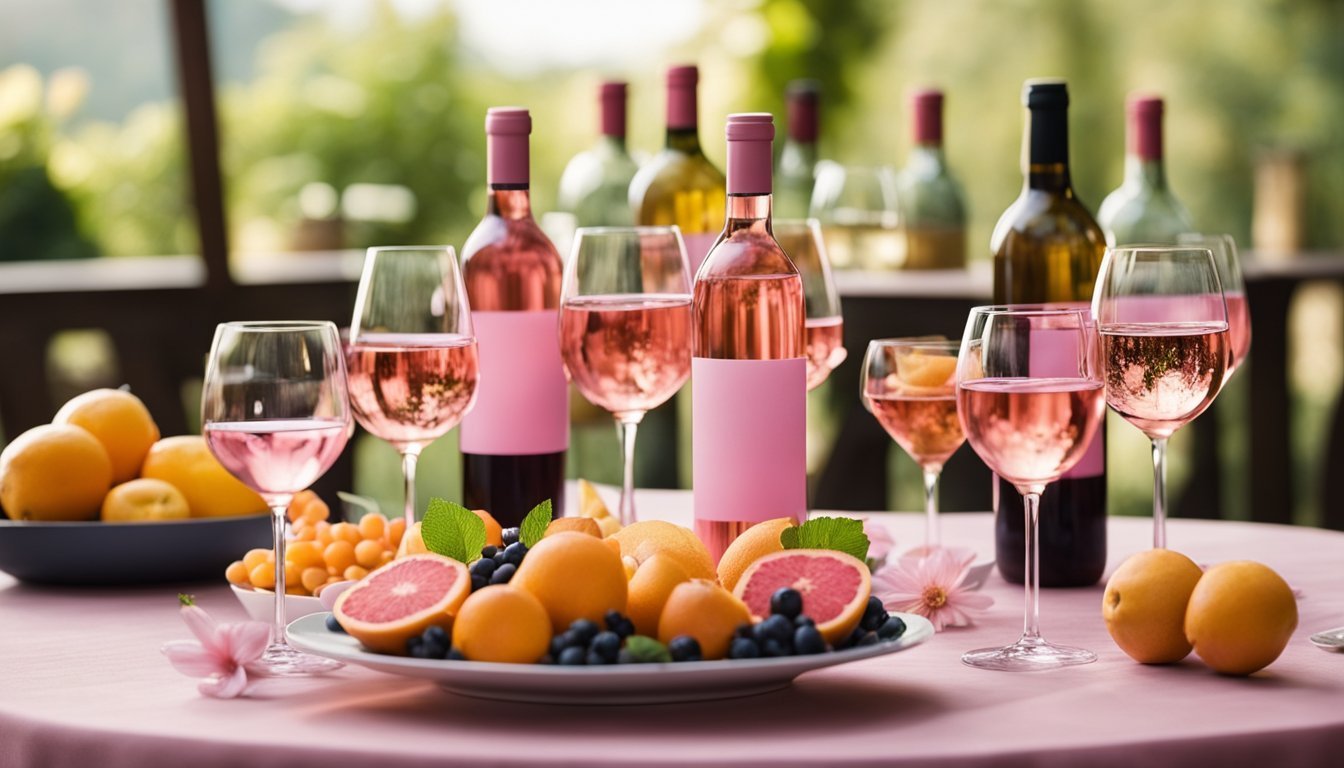 Bottles and glasses of rosé wine with fruit on a table