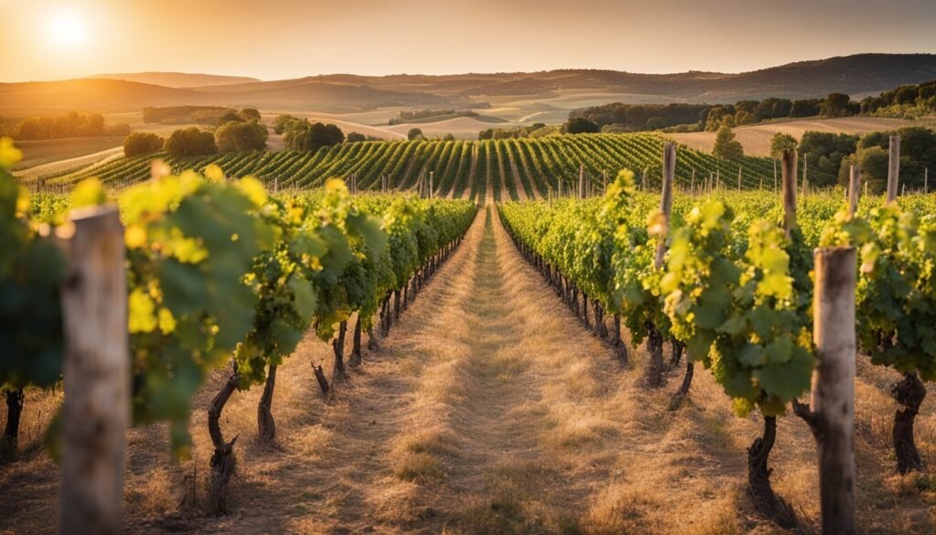Vineyard rows stretch into the distance under a warm, golden sunset