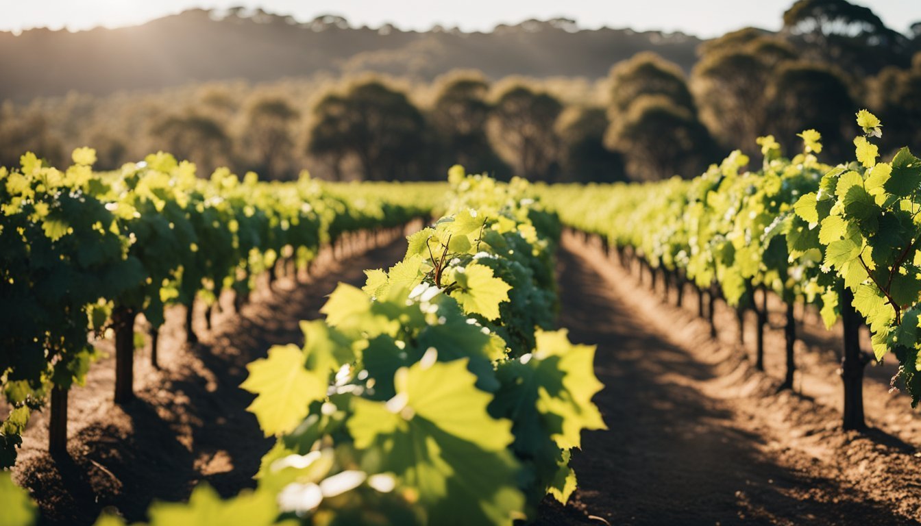 Rows of grape vines in a vineyard, bathed in golden sunlight