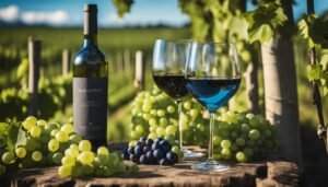 Wine bottle, glasses of wine, grapes, and vineyard in the background