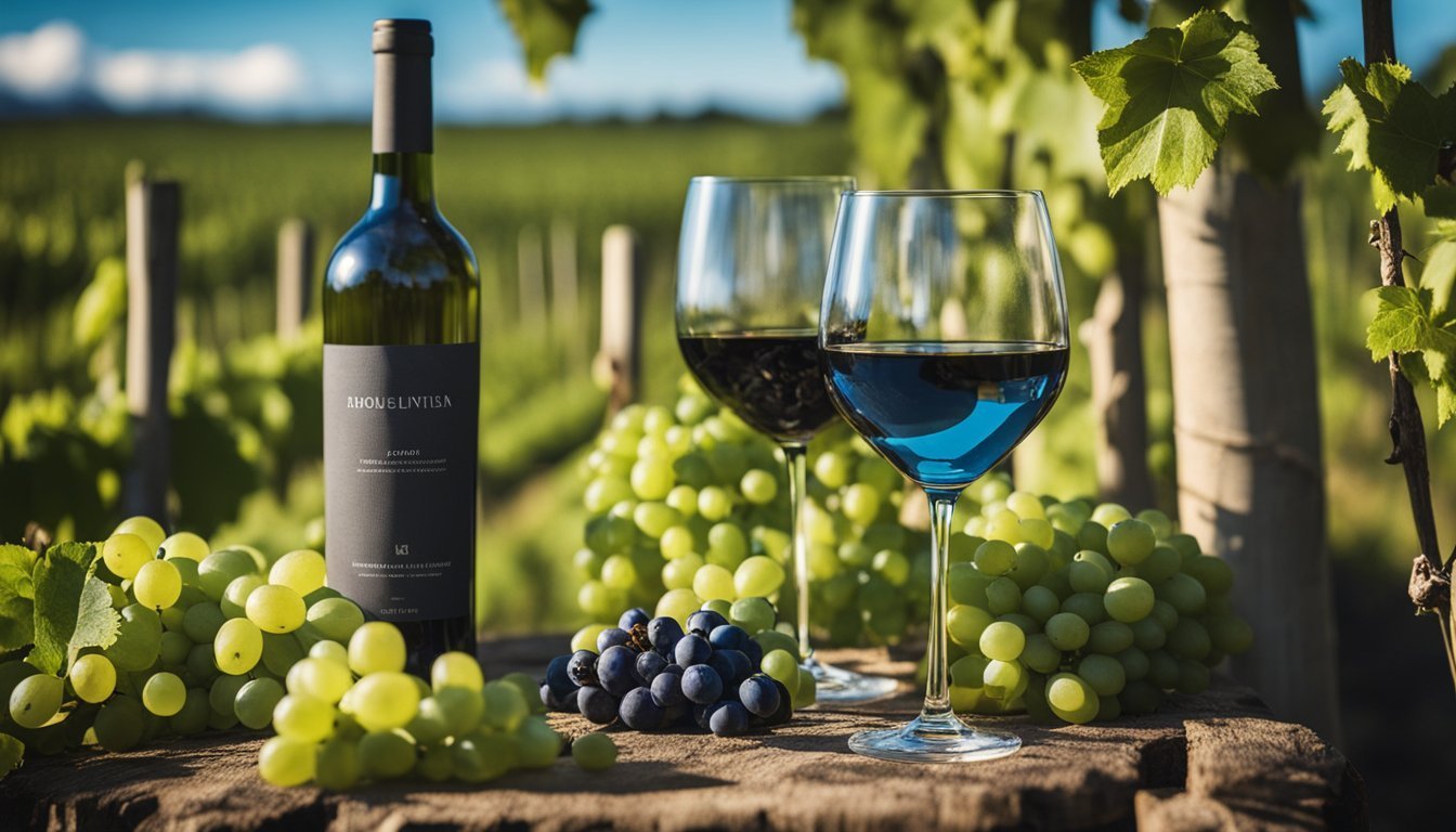 Wine bottle, glasses of wine, grapes, and vineyard in the background