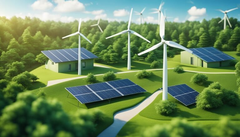 Wind turbines, solar panels, and houses in a green, sunny landscape