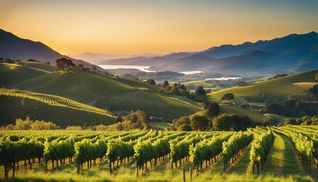Vineyard on rolling hills with mountains and a lake at sunset