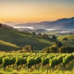Vineyard on rolling hills with mountains and a lake at sunset