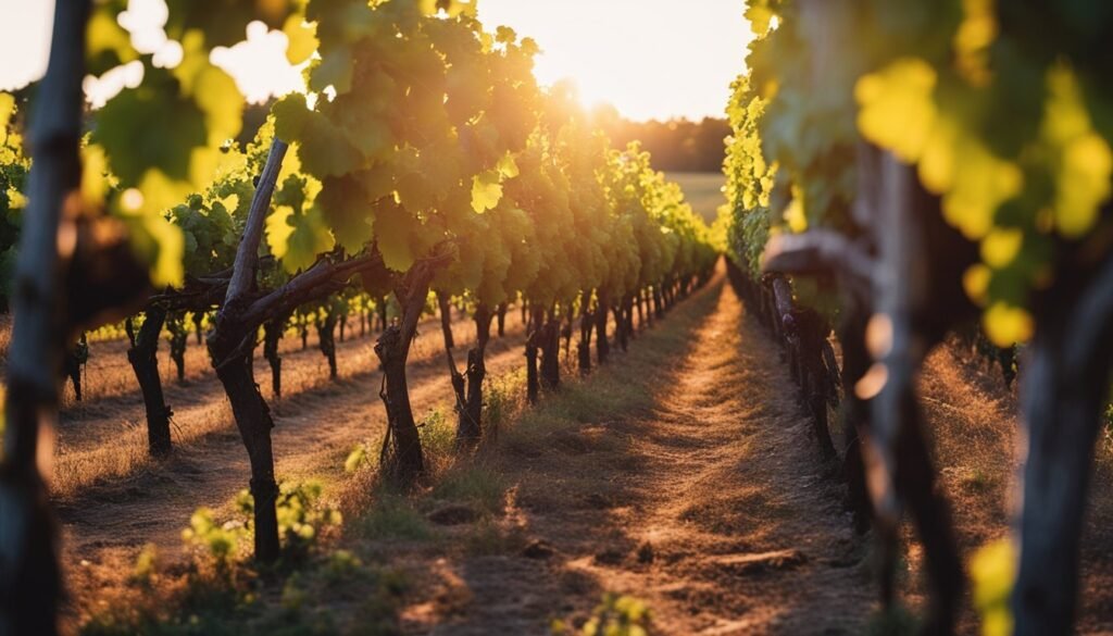 Vineyard rows with grape vines, sun shining through leaves, golden light