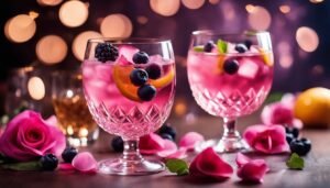 Two pink cocktails with berries, rose petals, and bokeh background