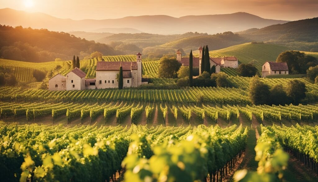 Vineyard with stone buildings, rolling hills, and a warm sunset
