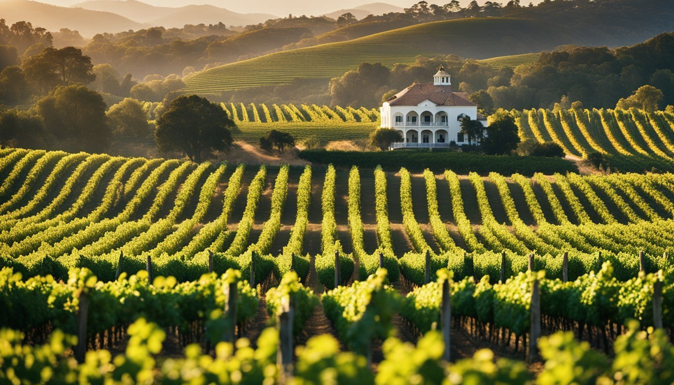 Vineyard with rows of grapevines leading to a white house on a hill
