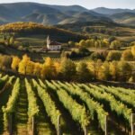 Vineyard landscape with a church, rolling hills, and autumn foliage