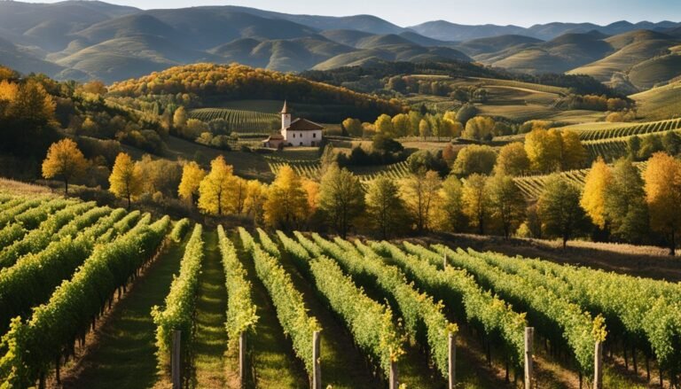 Vineyard landscape with a church, rolling hills, and autumn foliage