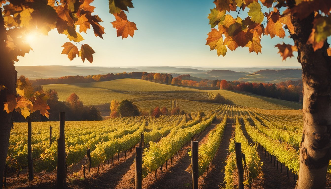 Vineyard in autumn with golden leaves and rolling hills in the background
