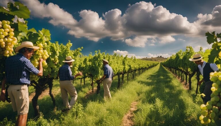 Men in a vineyard inspecting grapes under a cloudy sky