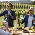 People toasting with wine glasses at a vineyard table, smiling
