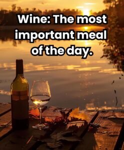 Bottle and glass of wine with sunset background and text: "Wine: The most important meal of the day
