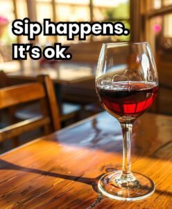 Glass of red wine on wooden table with text: 'Sip happens. It's ok