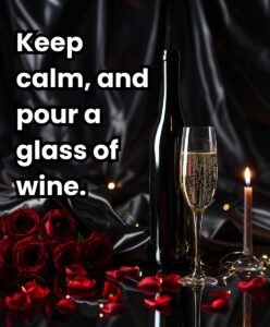 Keep calm, and pour a glass of wine." Still life with wine, roses, and candle