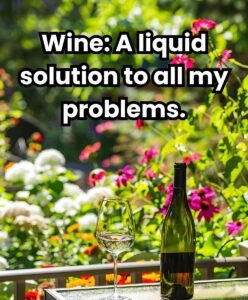 Wine: A liquid solution to all my problems." Wine bottle and glass with flowers in background