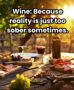Wine and charcuterie board with the quote: 'Wine: Because reality is just too sober sometimes