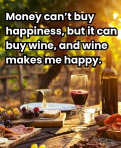 Wine and charcuterie with quote: 'Money can't buy happiness, but it can buy wine