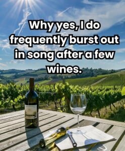 Wine bottle, glass, and vineyard with text: "Why yes, I do frequently burst out in song