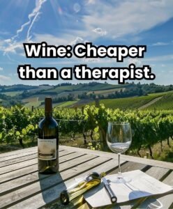Wine bottle, glass, and vineyard with the text: "Wine: Cheaper than a therapist
