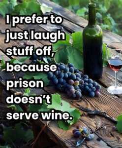 Wine bottle, grapes, and glass with red wine, with text: 'I prefer to laugh