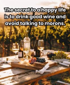 Wine, food, and quote: 'The secret to a happy life is to drink good wine