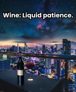 Wine: Liquid patience." Bottle and glass of red wine overlooking city skyline at night