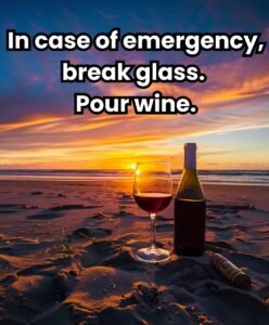 Wine on beach at sunset with text: 'In case of emergency, break glass. Pour wine